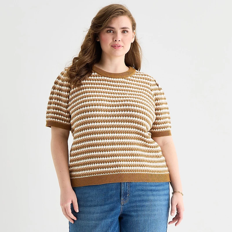 a.n.a Womens Plus Crew Neck Short Sleeve Striped Pullover Sweater