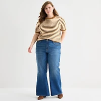 a.n.a Womens Plus Crew Neck Short Sleeve Striped Pullover Sweater