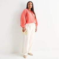 Worthington Womens Plus Round Neck Long Sleeve Blouse