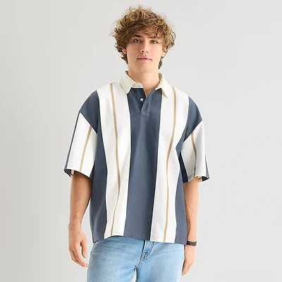 Arizona Mens Elbow Sleeve Regular Fit Button Down Collar Striped Rugby Shirt
