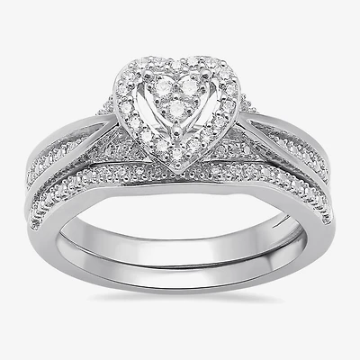 Surrounded by Love Womens 1/5 CT. Natural White Diamond Sterling Silver Heart Side Stone Halo Bridal Set