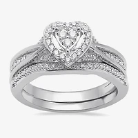 Surrounded by Love Womens 1/5 CT. Natural White Diamond Sterling Silver Heart Side Stone Halo Bridal Set