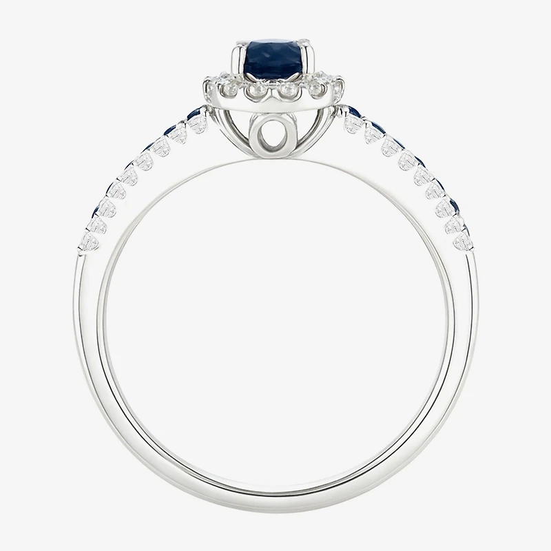 (J-K/I2-I3) Womens 1/5 CT. Genuine Blue Sapphire 10K Gold Oval Halo Side Stone Cocktail Ring