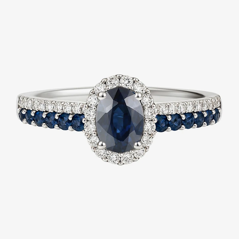 (J-K/I2-I3) Womens 1/5 CT. Genuine Blue Sapphire 10K Gold Oval Halo Side Stone Cocktail Ring