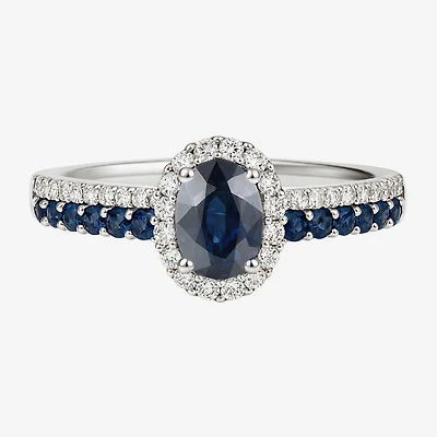 (J-K/I2-I3) Womens 1/5 CT. Genuine Blue Sapphire 10K Gold Oval Halo Side Stone Cocktail Ring