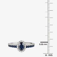 (J-K/I2-I3) Womens 1/5 CT. Genuine Blue Sapphire 10K Gold Oval Halo Side Stone Cocktail Ring