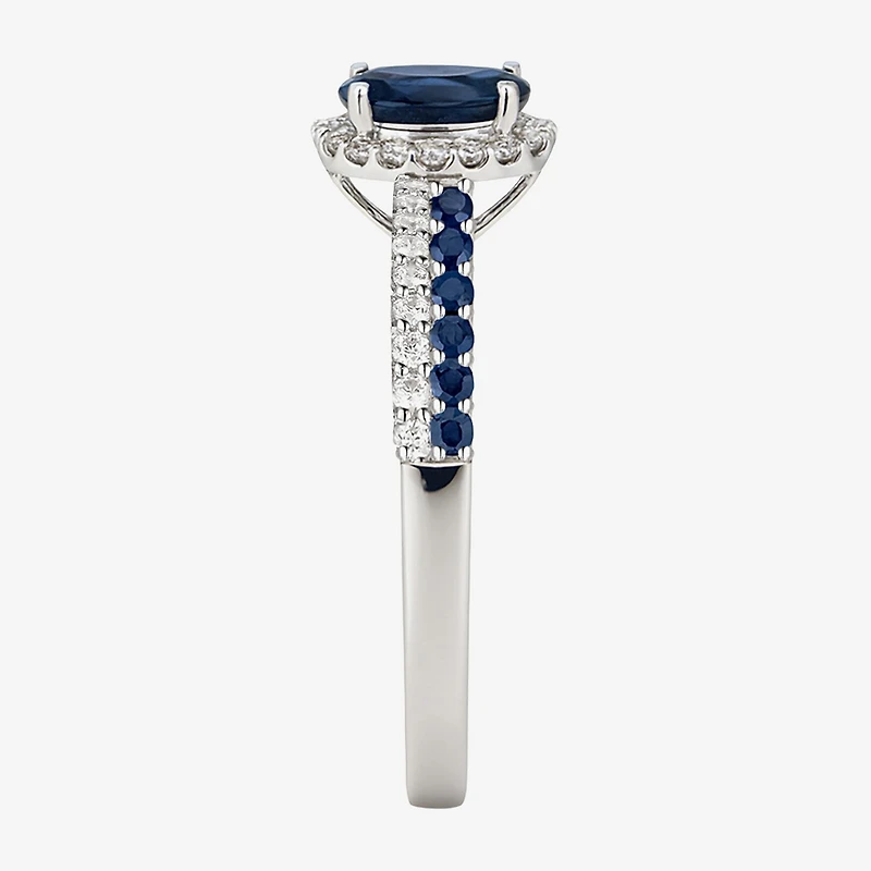 (J-K/I2-I3) Womens 1/5 CT. Genuine Blue Sapphire 10K Gold Oval Halo Side Stone Cocktail Ring