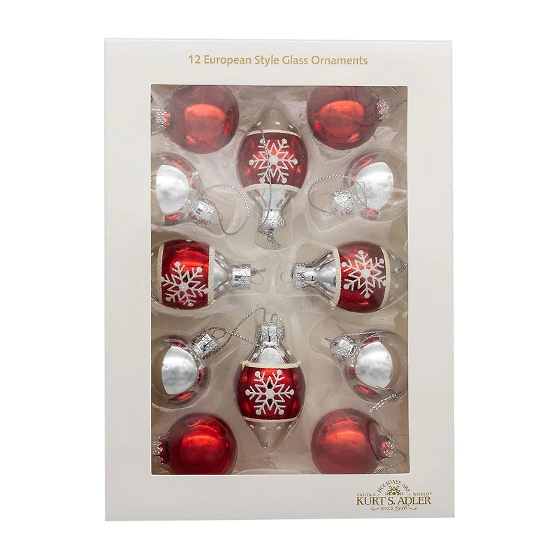 Kurt Adler 35mm Glass Red And Silver With Snowflake Ball 12-pc. Christmas Ornament
