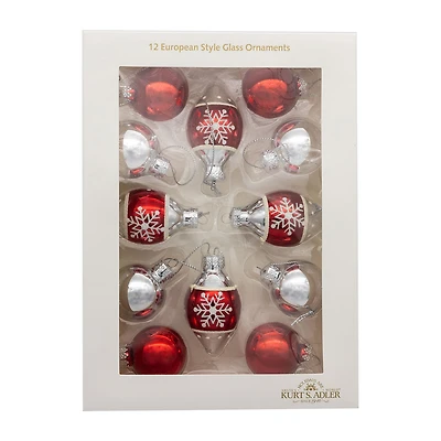 Kurt Adler 35mm Glass Red And Silver With Snowflake Ball 12-pc. Christmas Ornament
