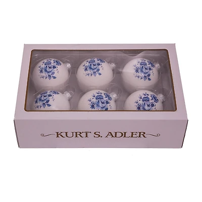 Kurt Adler 80MM Delft Blue Shiny Glass Ball Ornaments 6-Piece Set