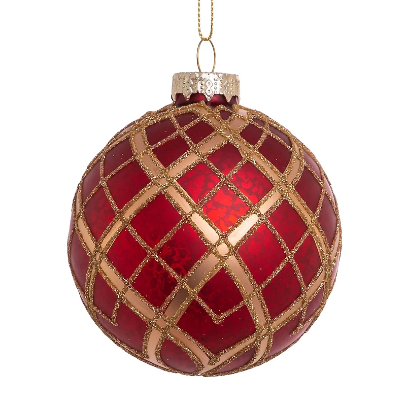 Kurt Adler 80MM Red with Gold Plaid Glass Ball Ornaments 6-Piece Set