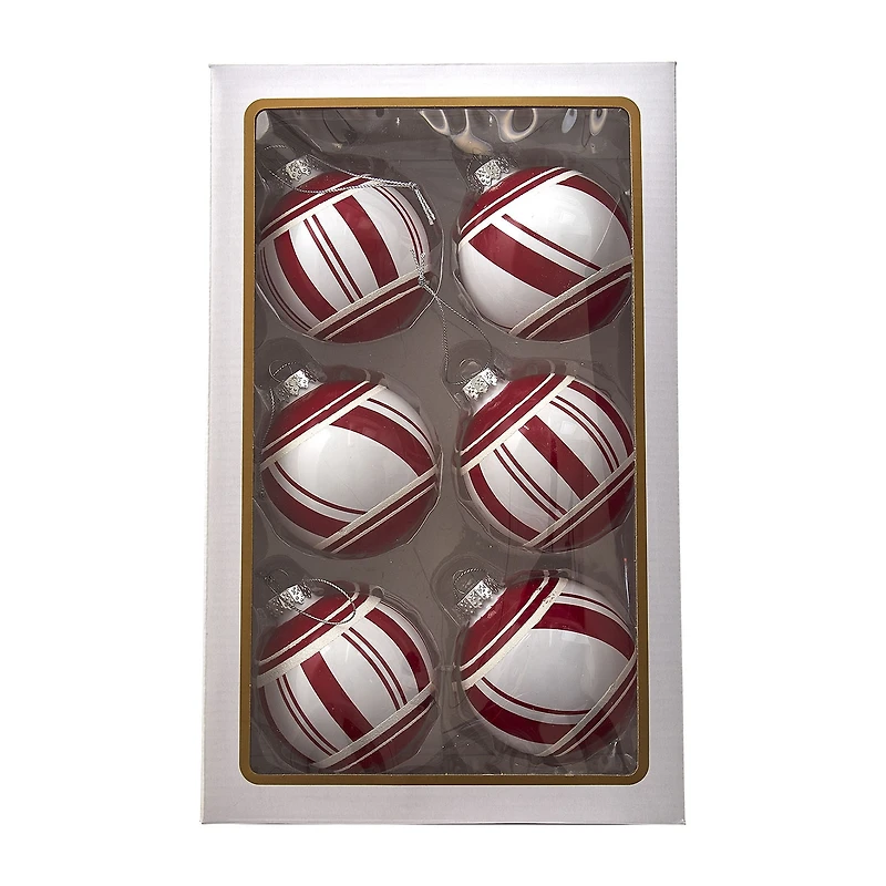 Kurt Adler 80MM Red and White Glass Ball Ornaments 6 Piece Set