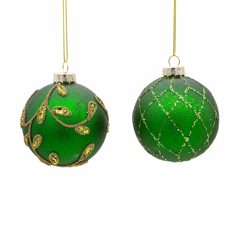 Kurt Adler 80MM Gold and Emerald Green Embellish Ball Ornaments 6 Piece Set