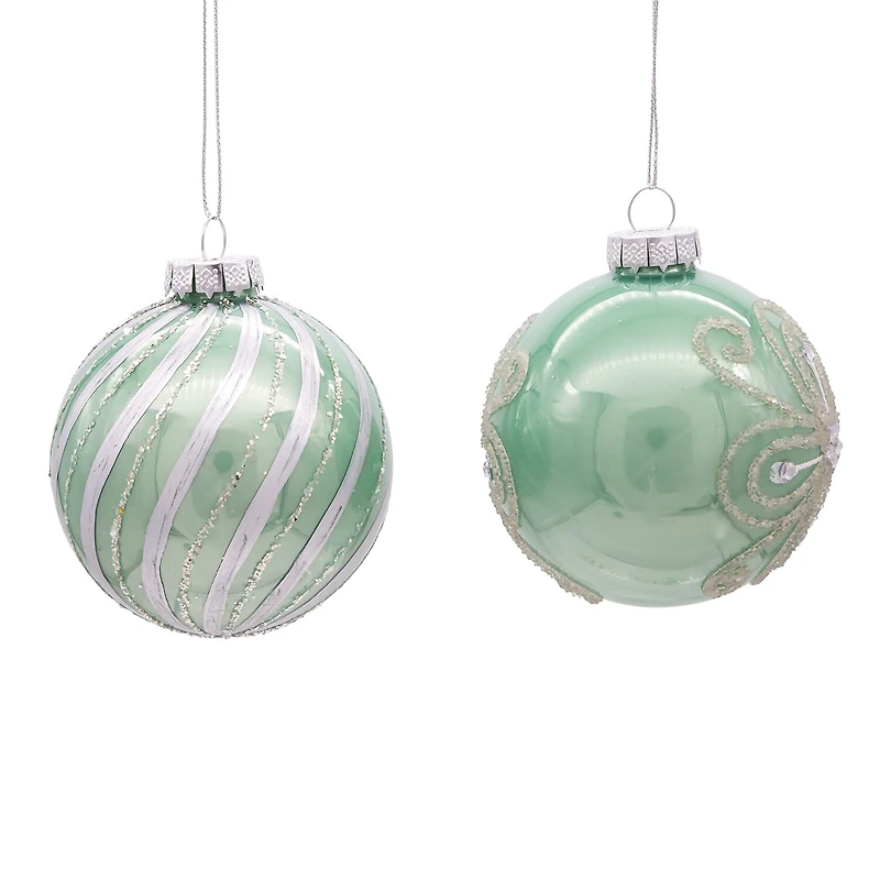 Kurt Adler 80MM Silver and Pale Aqua Embellished Ball Ornaments 6 Piece Set