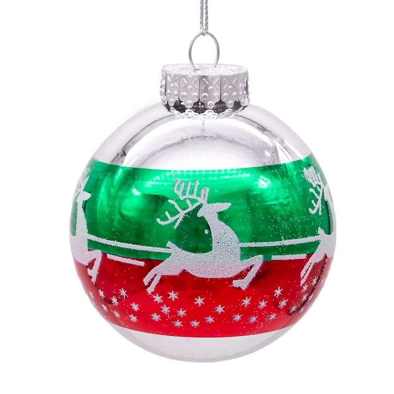 Kurt Adler 80MM Red and Green Reindeer Glass Ball Ornaments 6 Piece Set