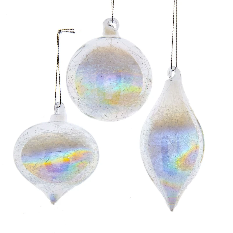 Kurt Adler 80MM Clear Iridescent Ball Onion and Teardrop Ornaments 3 Piece Set