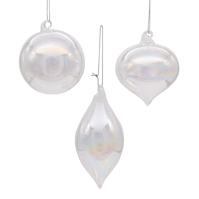Kurt Adler 80MM Clear Iridescent Ball Onion and Teardrop Ornaments 3 Piece Set