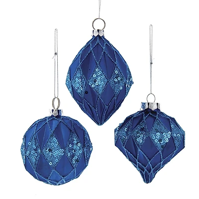 Kurt Adler 80MM Glittered Sequin Blue Ball Finial and Onion 3 Piece Set