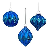 Kurt Adler 80MM Glittered Sequin Blue Ball Finial and Onion 3 Piece Set