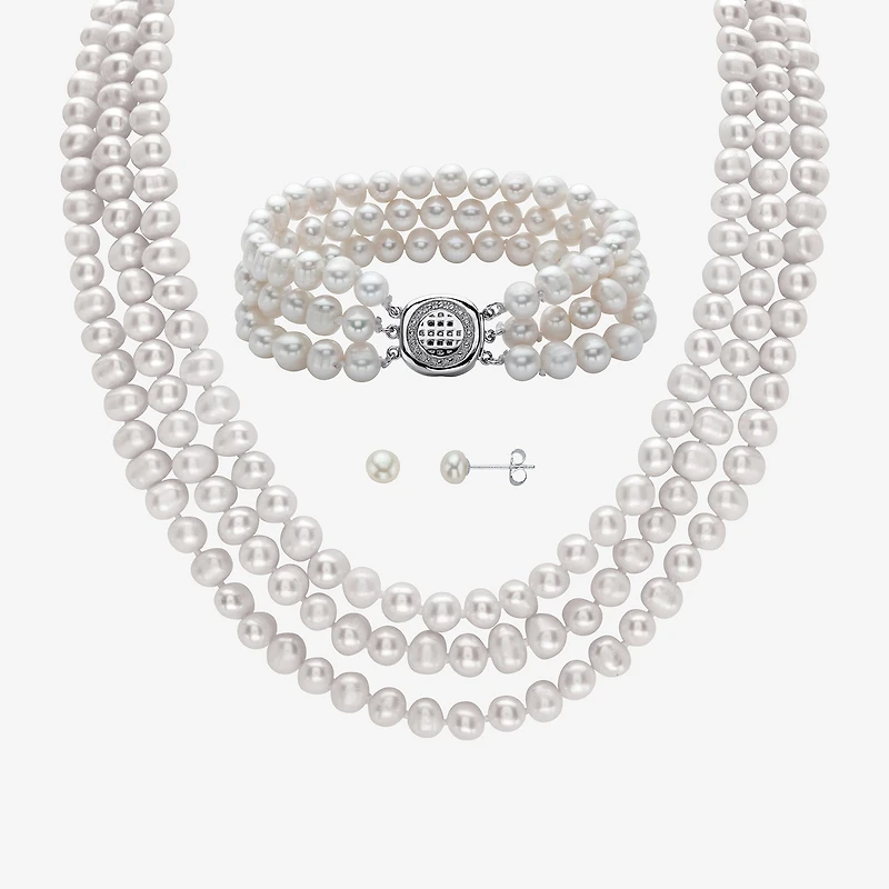 Womens White Cultured Freshwater Pearl Sterling Silver 3-pc. Jewelry Set