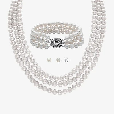 Womens White Cultured Freshwater Pearl Sterling Silver 3-pc. Jewelry Set