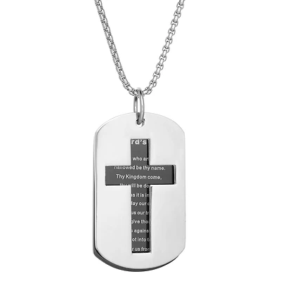 Lord'S Prayer Mens Stainless Steel Cross Dog Tag 24 Inch Pendant Necklace