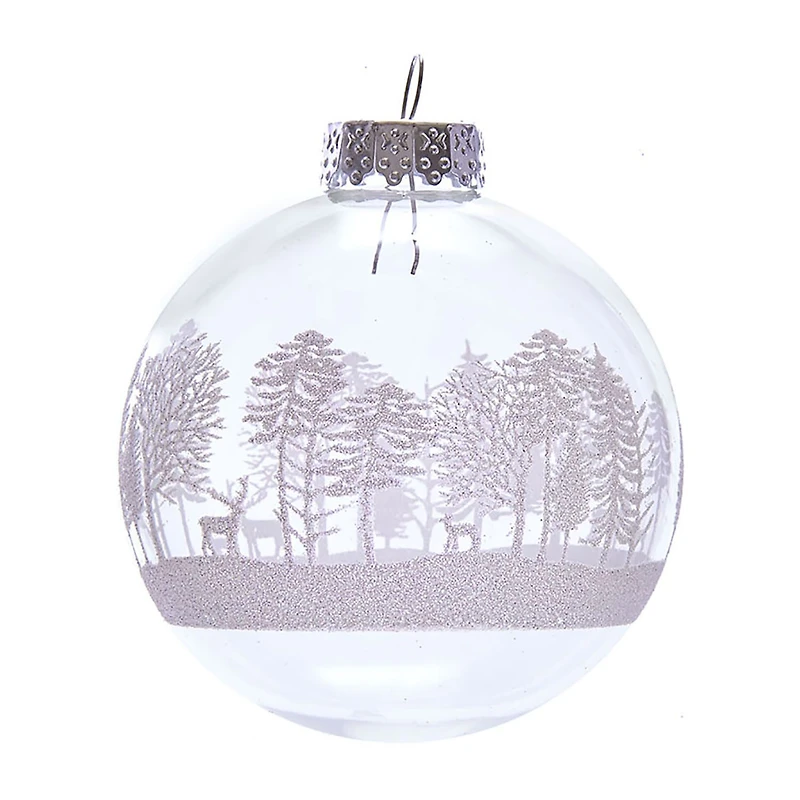 Kurt Adler 80MM Clear with White Tree Design Glass Ball Ornaments 6 Piece Box
