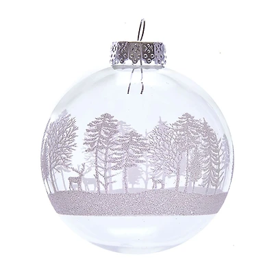 Kurt Adler 80MM Clear with White Tree Design Glass Ball Ornaments 6 Piece Box