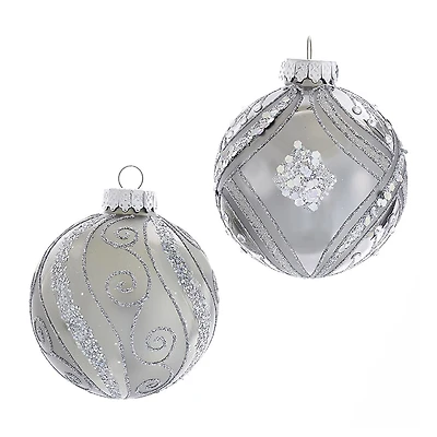 Kurt Adler 80MM Matte and Shiny Silver with Glitter Glass Ball Ornaments 6 Piece Box