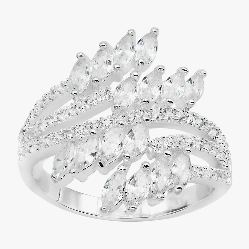 Sparkle Allure Bypass Wrap Womens Crystal Pure Silver Over Brass Cocktail Ring