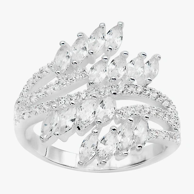 Sparkle Allure Bypass Wrap Womens Crystal Pure Silver Over Brass Cocktail Ring