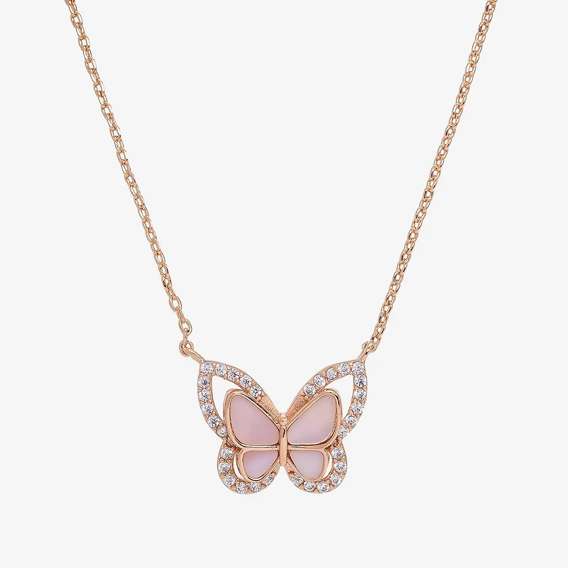 Sparkle Allure Halo Womens Pink Mother Of Pearl Cultured Freshwater Pearl 18K Rose Gold Over Brass Butterfly 16 Inch Pendant Necklace