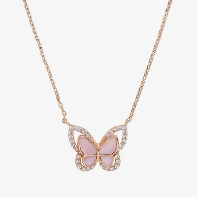 Sparkle Allure Halo Womens Pink Mother Of Pearl Cultured Freshwater Pearl 18K Rose Gold Over Brass Butterfly 16 Inch Pendant Necklace