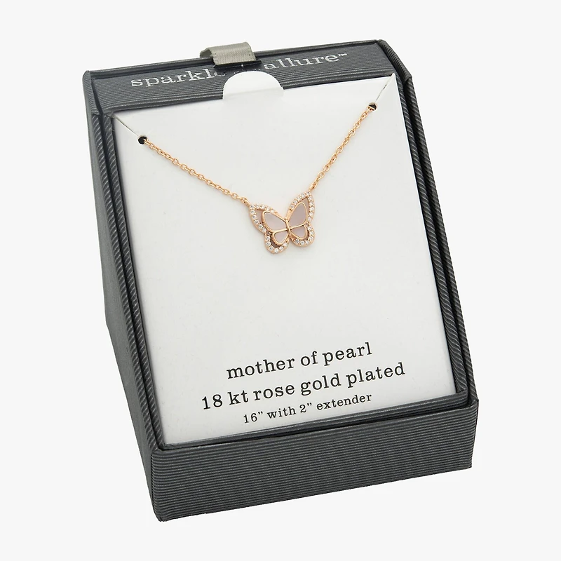Sparkle Allure Halo Womens Pink Mother Of Pearl Cultured Freshwater Pearl 18K Rose Gold Over Brass Butterfly 16 Inch Pendant Necklace