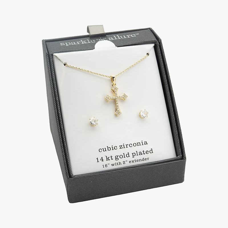 Sparkle Allure Womens Cubic Zirconia 14K Gold Over Brass Cross 2-pc. Jewelry Set