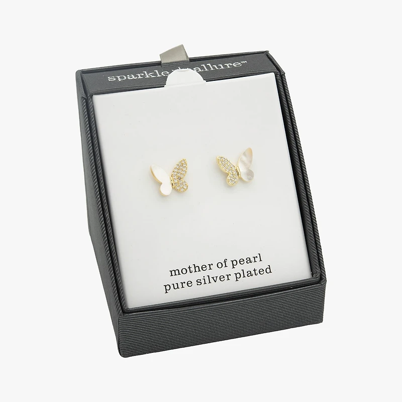 Sparkle Allure White Mother Of Pearl Cultured Freshwater Pearl 14K Gold Over Brass 11mm Butterfly Stud Earrings