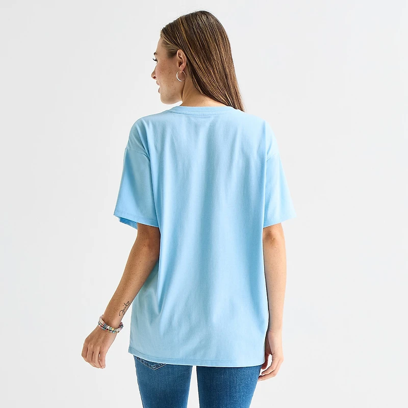 Stitch Floral Boyfriend Tee Womens Juniors Crew Neck Short Sleeve Regular Fit Graphic T-Shirt