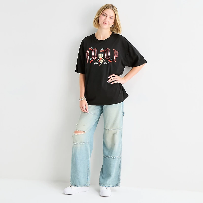 Womens Juniors Crew Neck Short Sleeve Oversized Betty Boop Graphic T-Shirt