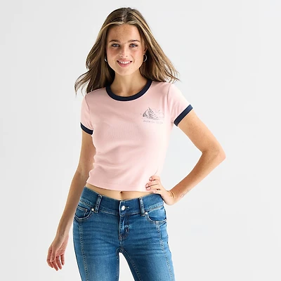 Arizona Womens Juniors Round Neck Short Sleeve Loose Fit Graphic T-Shirt