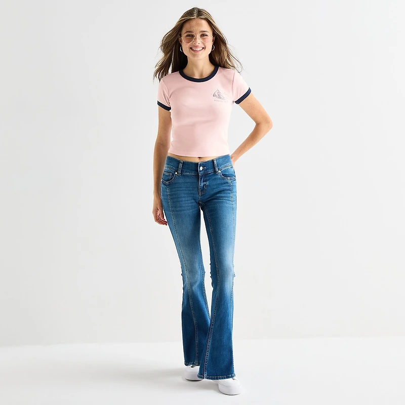 Arizona Womens Juniors Round Neck Short Sleeve Loose Fit Graphic T-Shirt