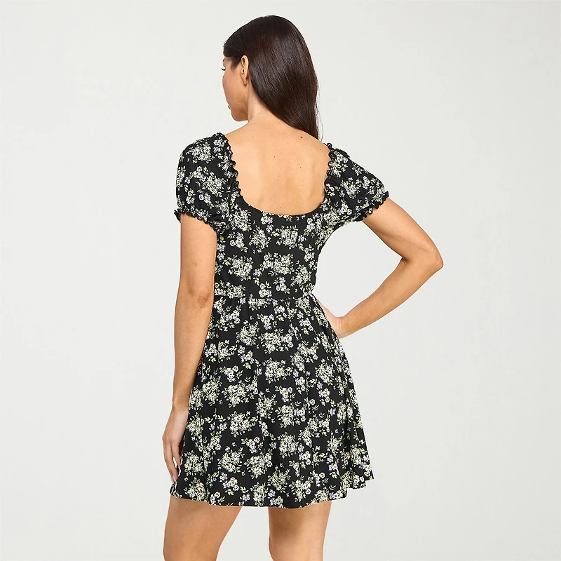 City Triangle Womens Juniors V Neck Short Sleeve Puffed Floral Fit + Flare Dress