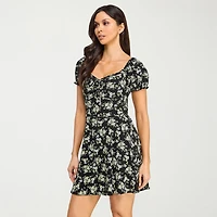City Triangle Womens Juniors V Neck Short Sleeve Puffed Floral Fit + Flare Dress