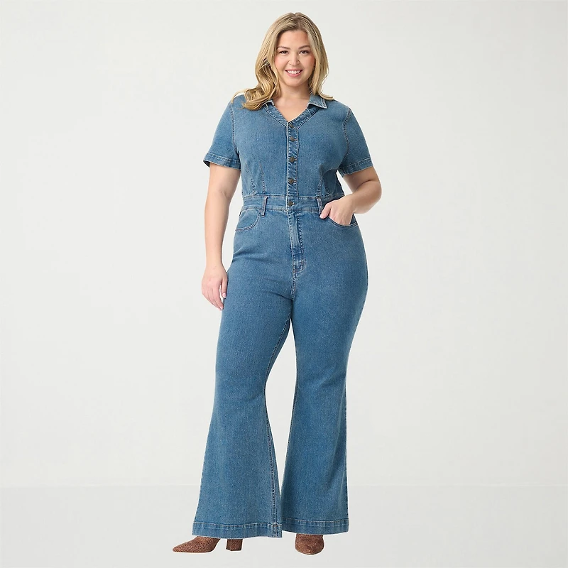 JS Jessica Simpson Womens V Neck Short Sleeve Plus Jumpsuit