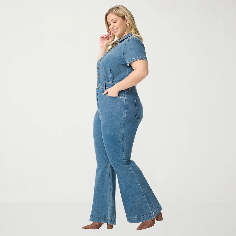 JS Jessica Simpson Womens V Neck Short Sleeve Plus Jumpsuit