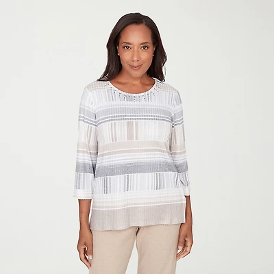 Alfred Dunner Comfort And Joy Womens Crew Neck 3/4 Sleeve T-Shirt
