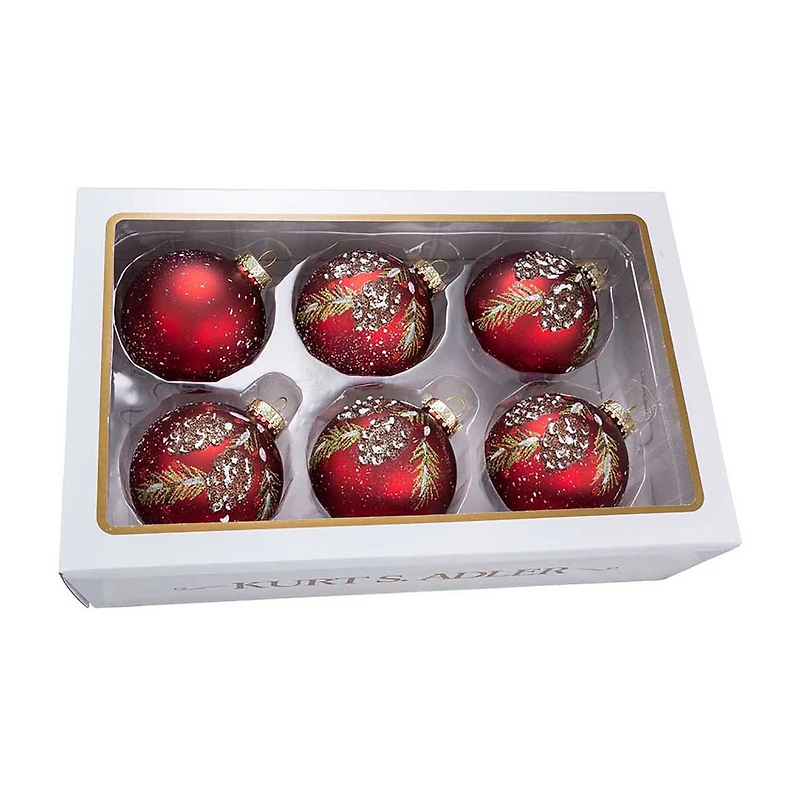 Kurt Adler 80MM Glass Red With Pinecone Design Ball Ornaments 6 Piece Box Set