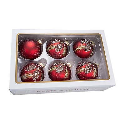 Kurt Adler 80MM Glass Red With Pinecone Design Ball Ornaments 6 Piece Box Set