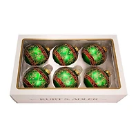 Kurt Adler 80MM Green Glass Ball Ornament With Red And Gold Fleur-De-Lis Design 6-Piece Box