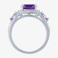 Womens Genuine Purple Amethyst Sterling Silver Cushion Halo Cocktail Ring