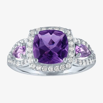 Womens Genuine Purple Amethyst Sterling Silver Cushion Halo Cocktail Ring